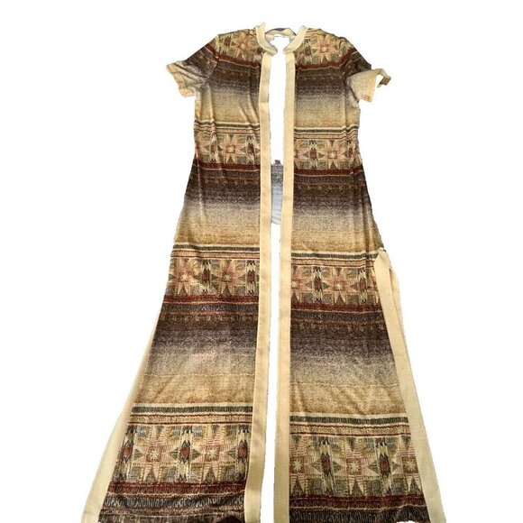 Joseph Ribkoff Gold Brown Ochre Foil Detail Short Sleeve Maxi Duster Chest 40" - Picture 2 of 9